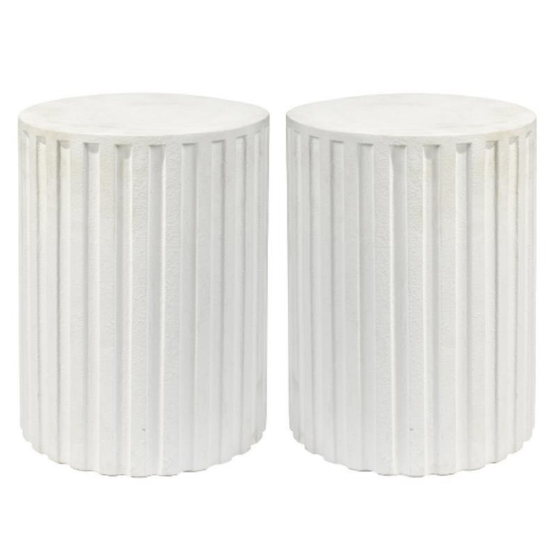 Home Square Transitional Cement Stone Column Side Table in White - Set of 2