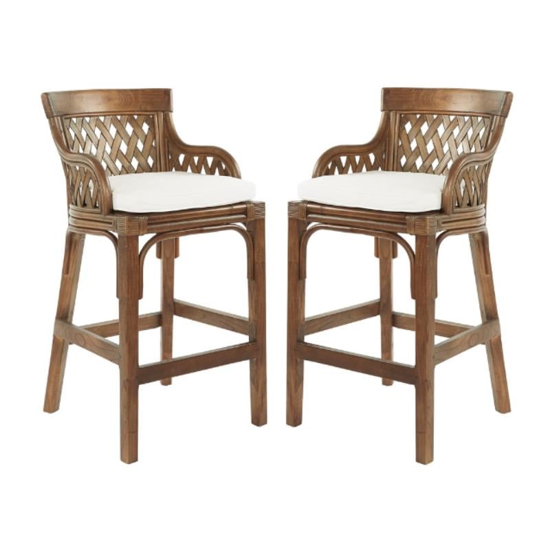 Home Square Stained Wood Rattan Frame Bar Stool in Brown - Set of 2