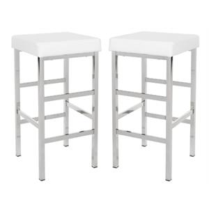 Home Square 30&quot Chrome Backless Stool in White Vinyl - Set of 2