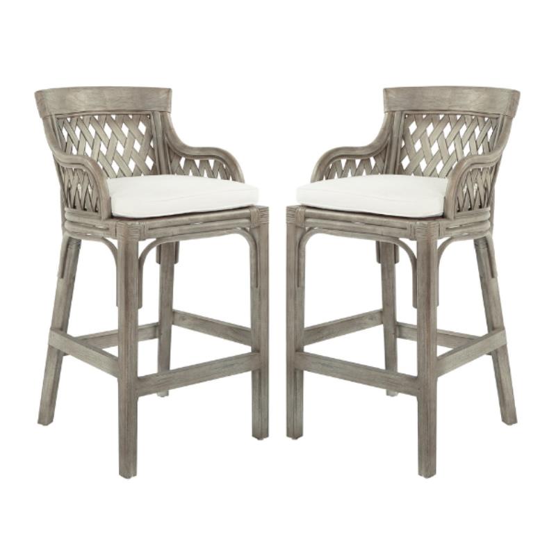 Home Square Wood Rattan Frame Bar Stool in Gray Finish - Set of 2