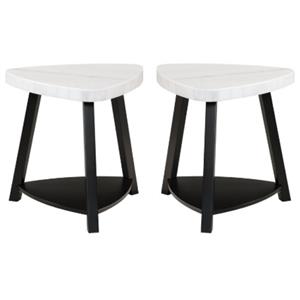 Home Square Marble Top End Table in White & Black Wooden Base - Set of 2