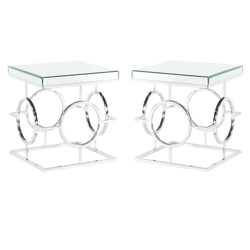Home Square Square Mirrored End Table in Chrome Metal Base - Set of 2