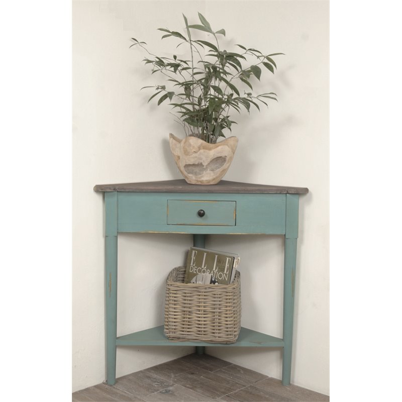 Home Square Wood Corner Table in Distressed Beach Blue & Raftwood - Set of 2