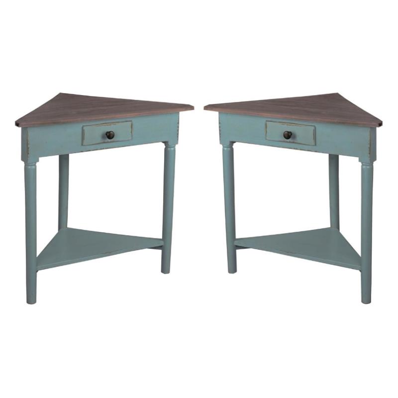 Home Square Wood Corner Table in Distressed Beach Blue & Raftwood - Set of 2