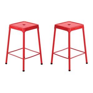 Home Square 25&quot Steel Backless Counter Stool in Glossy Red - Set of 2