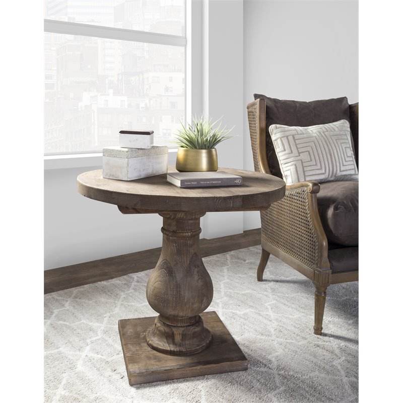 Home Square Round Reclaimed Pine End Table in Rustic Brown - Set of 2