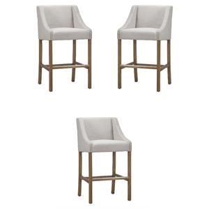 Home Square 24&quot Fabric Counter Stool in French Beige and Honey Brown - Set of 3
