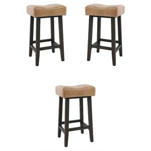 Home Square 26&quot Leather and Wood Backless Bar Stool in Camel Beige - Set of 3