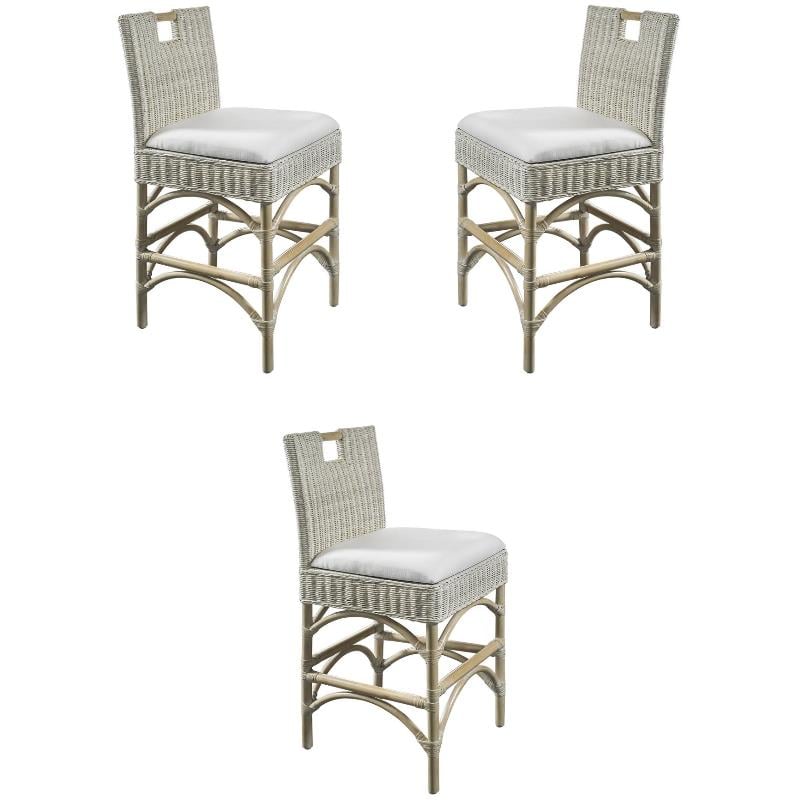Home Square Rattan and Fabric Barstool in White Wash - Set of 3