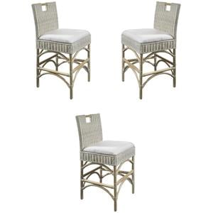 Home Square Rattan and Fabric Barstool in White Wash - Set of 3