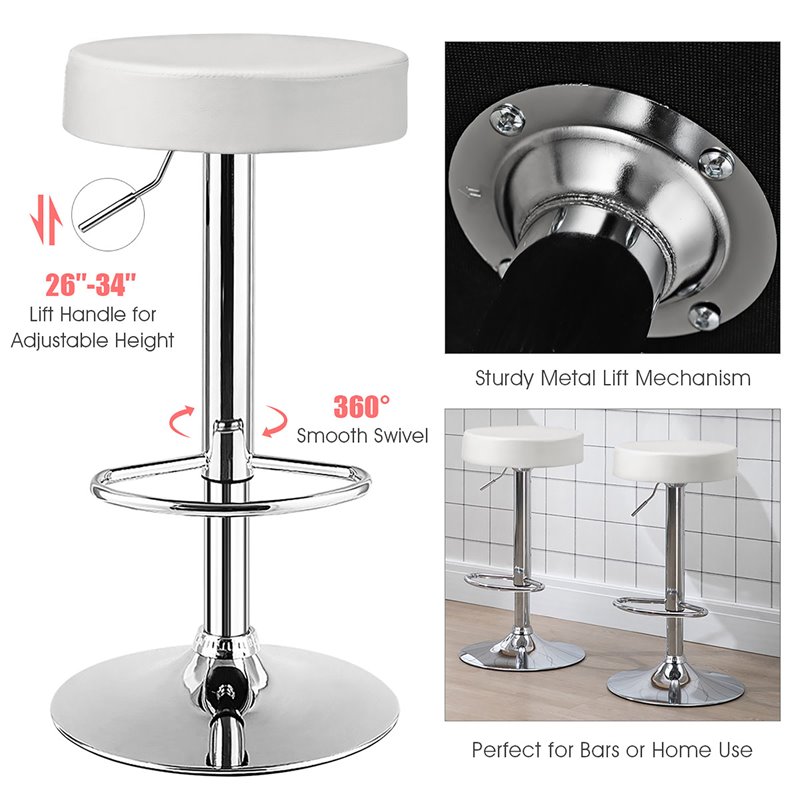 Home Square Round Leather & Steel Bar Stool with Footrest in White - Set of 2