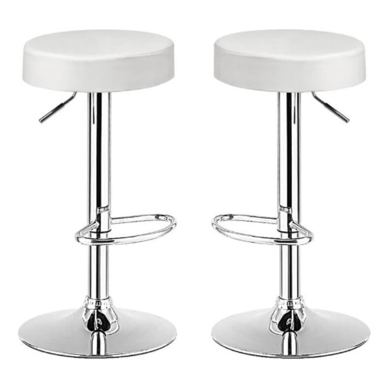 Home Square Round Leather & Steel Bar Stool with Footrest in White - Set of 2