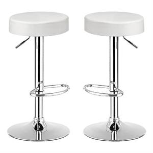 Home Square Round Leather & Steel Bar Stool with Footrest in White - Set of 2