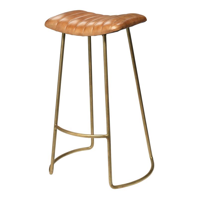 Home Square Leather and Iron Bar Stool in Brown and Gold - Set of 2