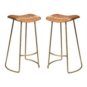 Home Square Leather and Iron Bar Stool in Brown and Gold - Set of 2