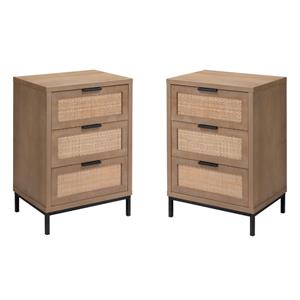 Home Square 3-Drawer MDF Wood and Iron Side Table in Brown & Black - Set of 2