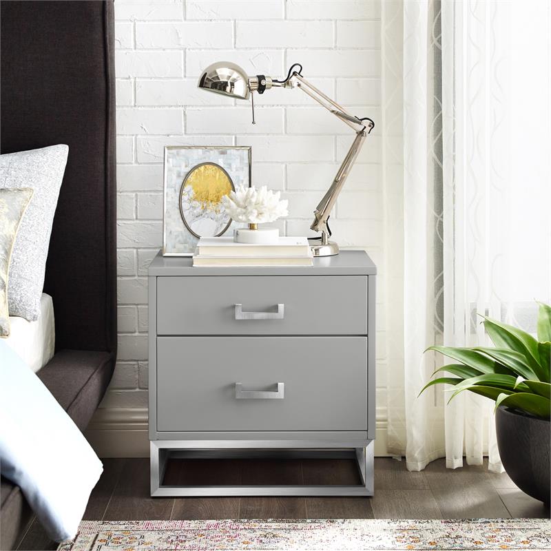 Home Square 2-Drawer Nightstand with Metal Base in Light Gray - Set of 2