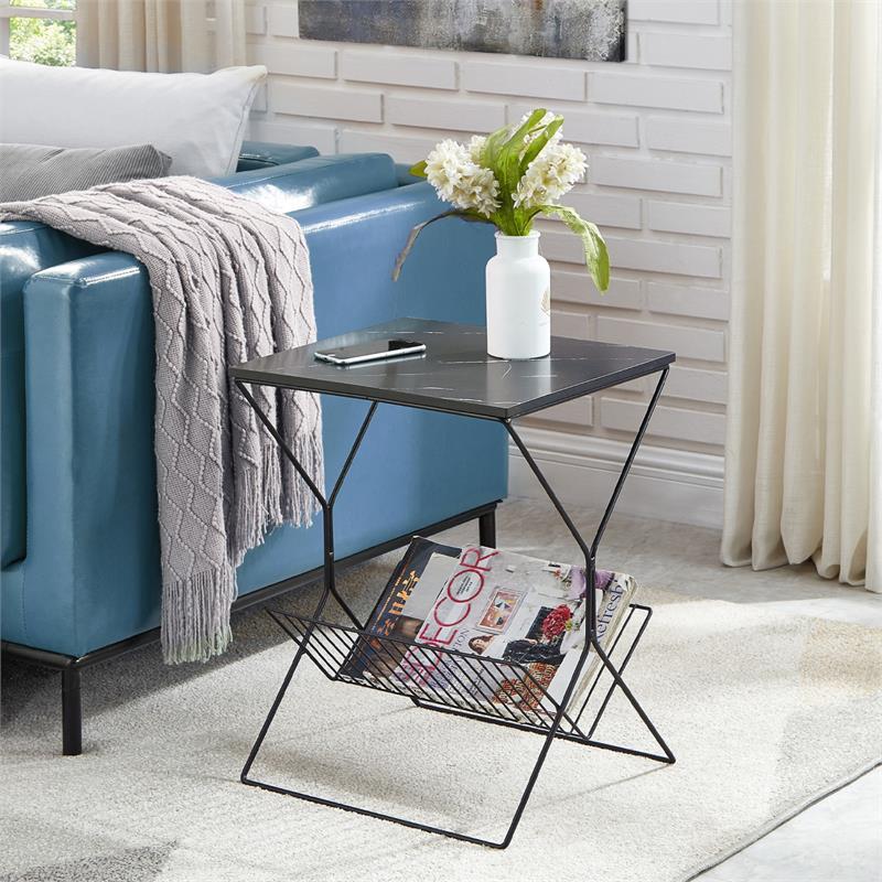 Home Square Rectangular Faux Marble End Table in Black - Set of 2