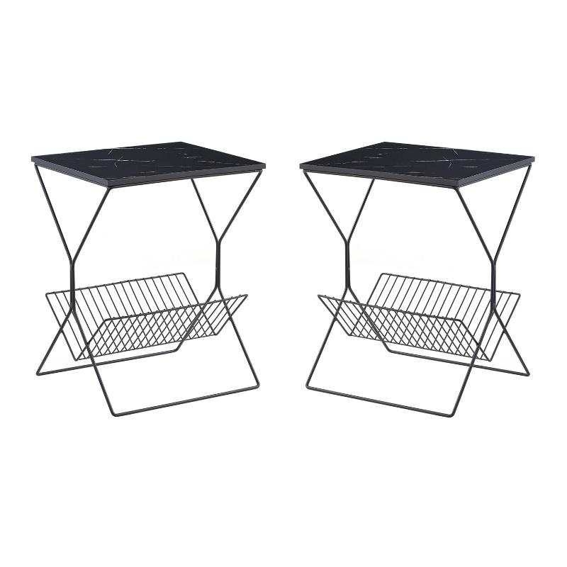 Home Square Rectangular Faux Marble End Table in Black - Set of 2