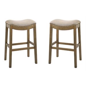 Home Square 30&quot Saddle Wood Bar Height Stool in Cream - Set of 2