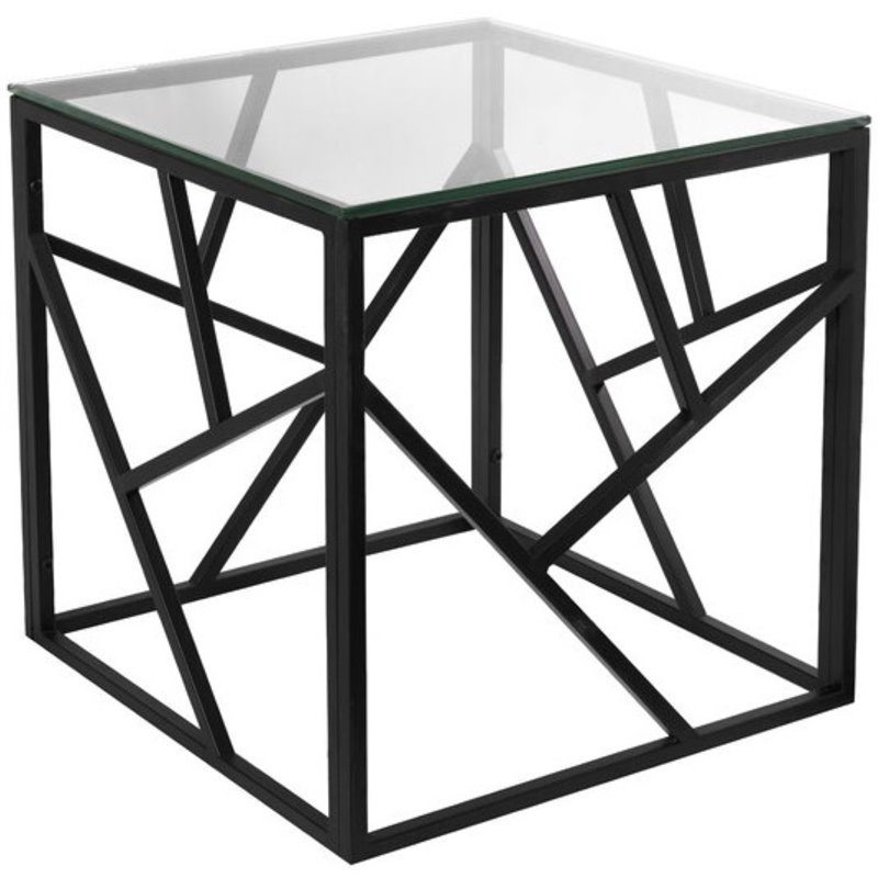 Home Square Transitional Square Glass Top Metal End Table in Black - Set of 2
