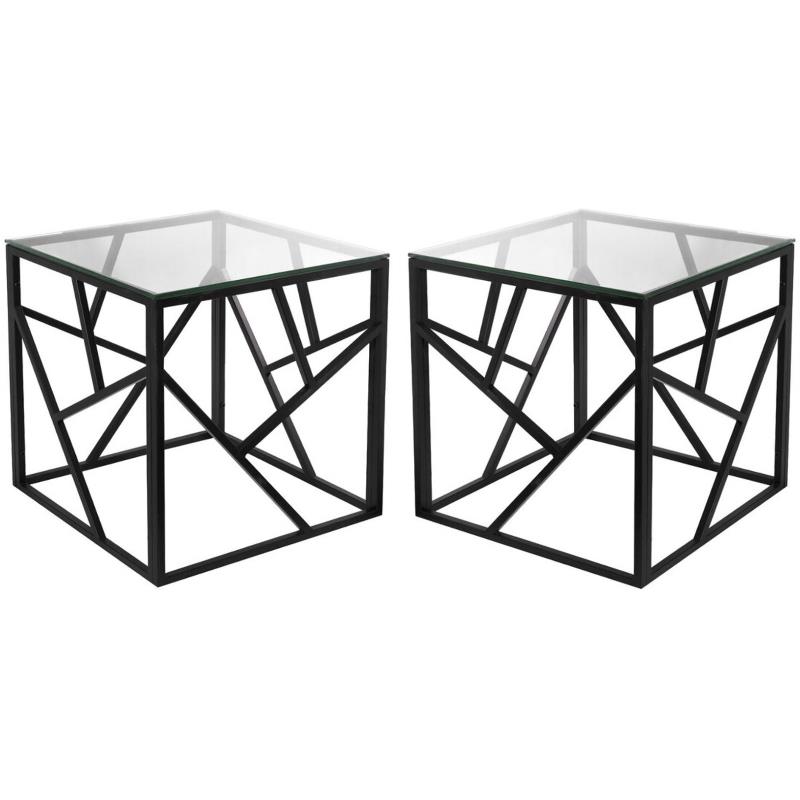 Home Square Transitional Square Glass Top Metal End Table in Black - Set of 2