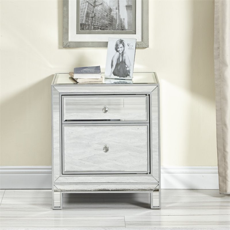 Home Square 1 Door Mirrored Nightstand in Antique Silver - Set of 2
