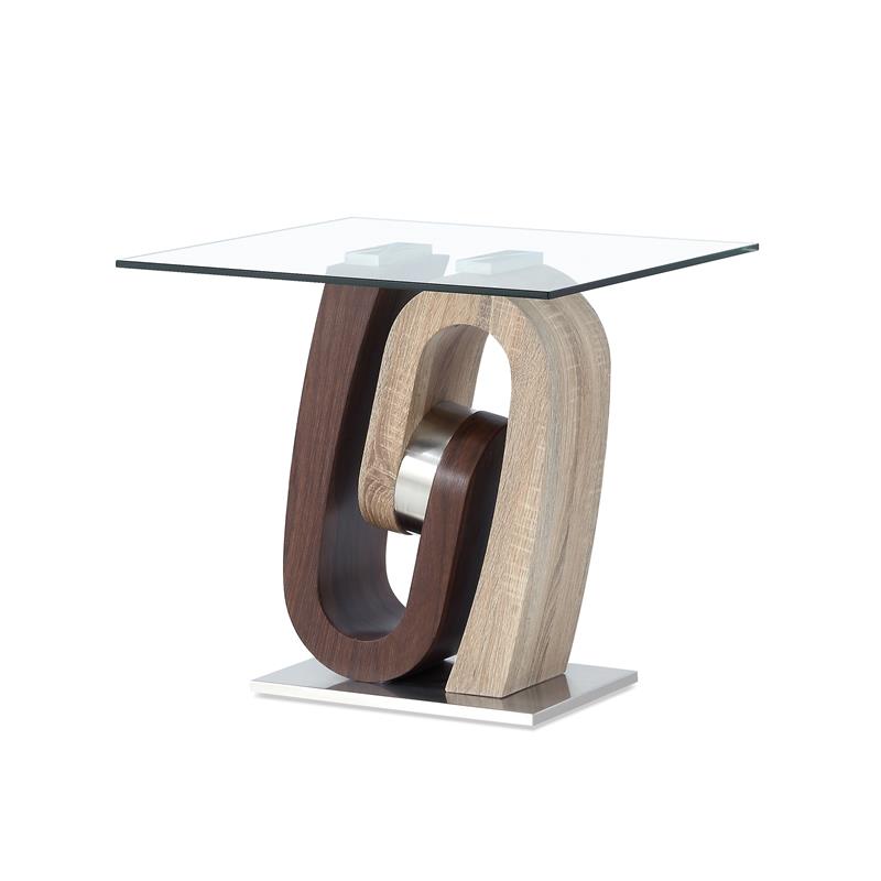 Home Square Stainless Steel and Glass End Table in Walnut & Oak - Set of 2