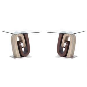 Home Square Stainless Steel and Glass End Table in Walnut & Oak - Set of 2