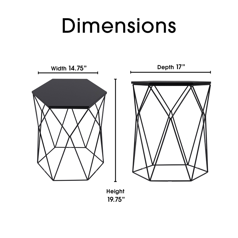 Home Square Geometric Metal Side Table in Midnight Black - Set of 2