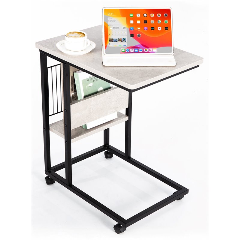 Home Square Modern Wood End C Table in Cement and Black - Set of 2