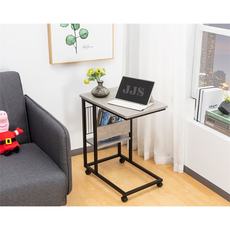 Home Square Modern Wood End C Table in Cement and Black - Set of 2