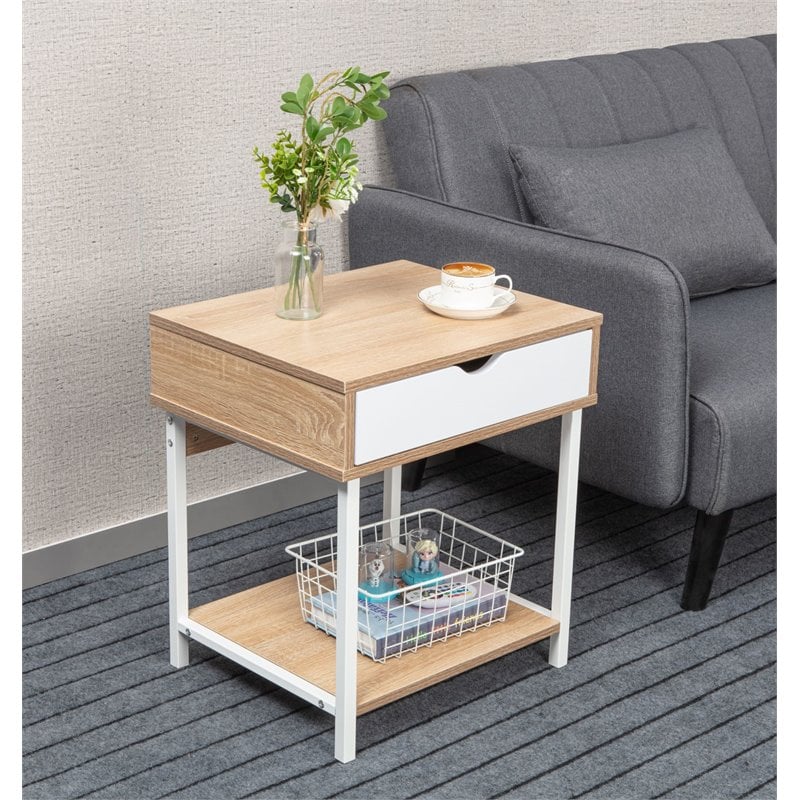 Home Square Modern Wood End Table with Drawer in Oak & White - Set of 2