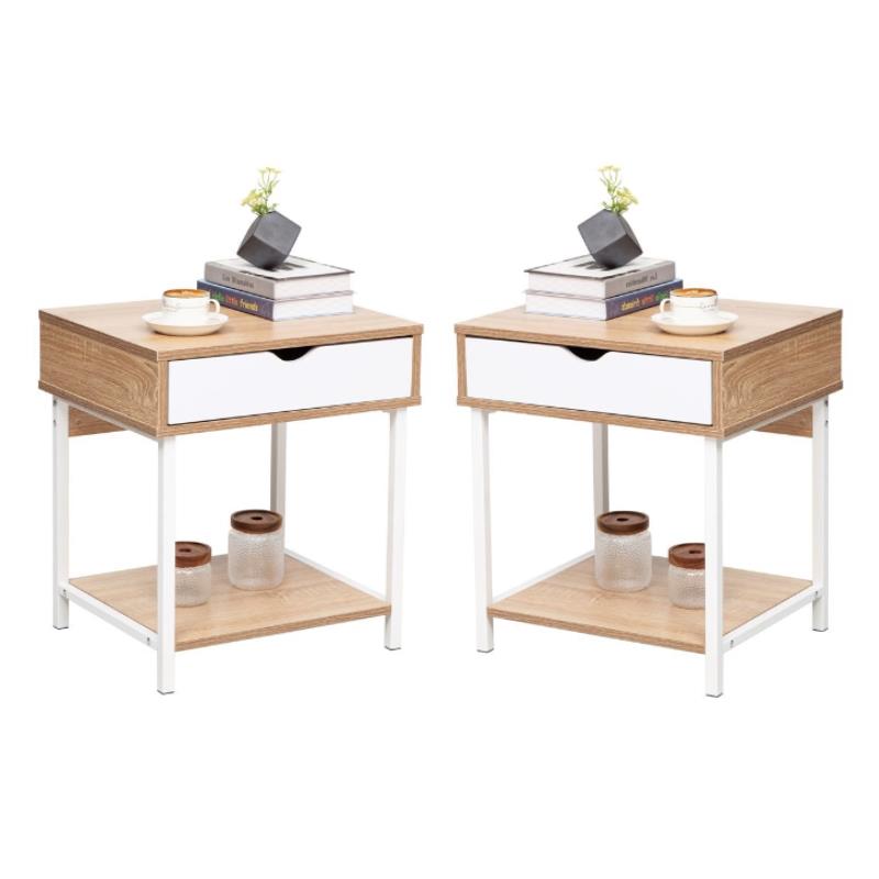 Home Square Modern Wood End Table with Drawer in Oak & White - Set of 2