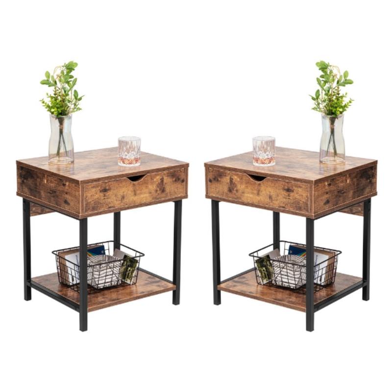Home Square Modern Wood End Table with Drawer in Rustic Brown - Set of 2