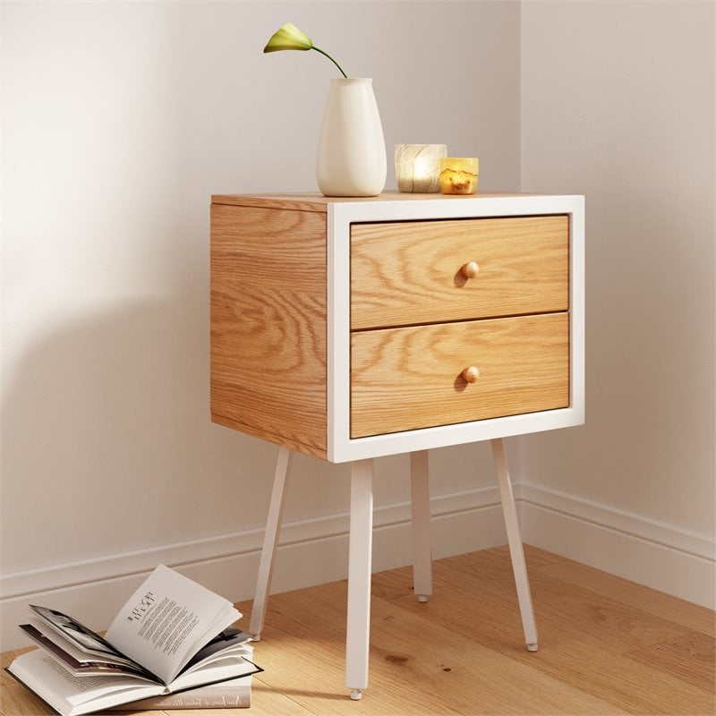 Home Square Modern 2 Drawer Side Table in Oak and White - Set of 2
