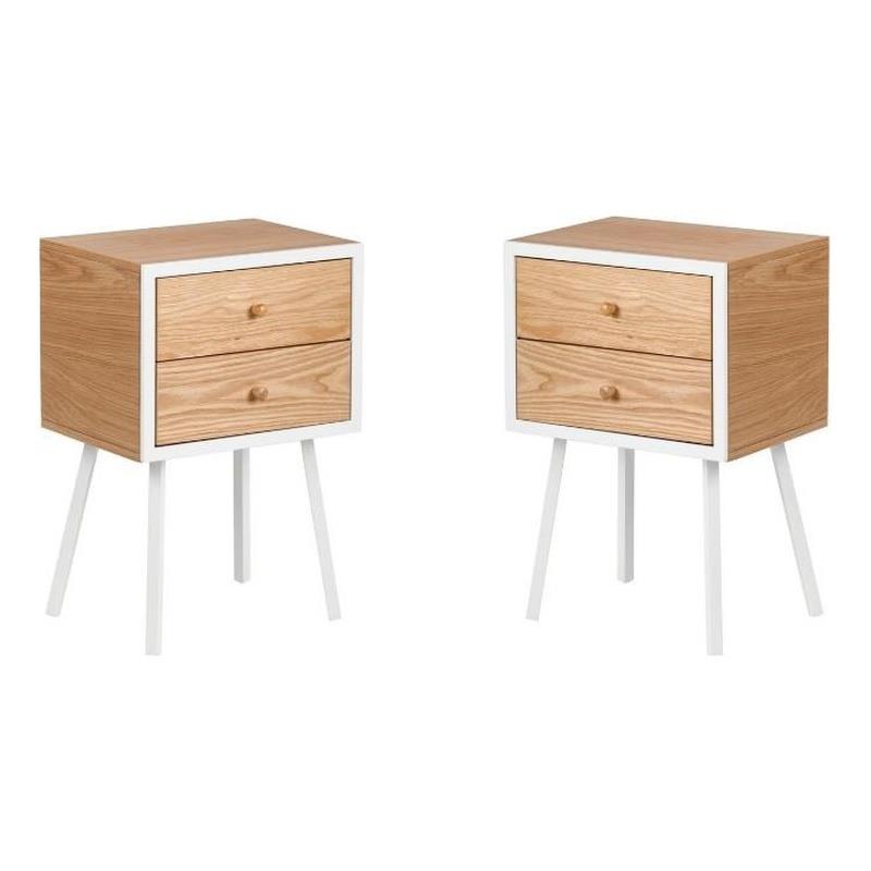 Home Square Modern 2 Drawer Side Table in Oak and White - Set of 2