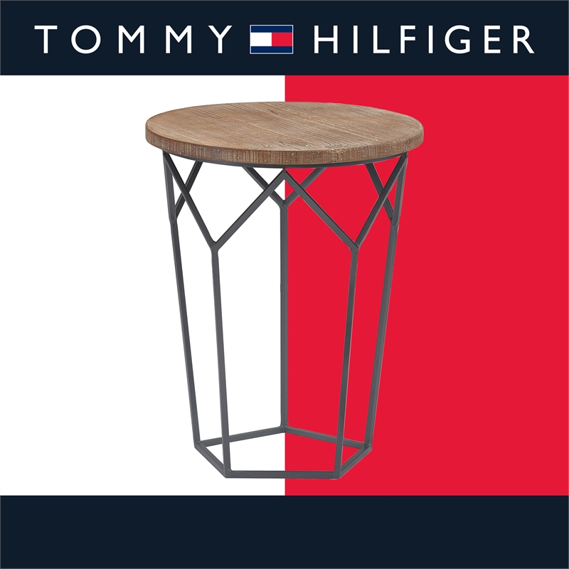 Home Square Round Solid Wood and Metal Side Table in Black - Set of 2
