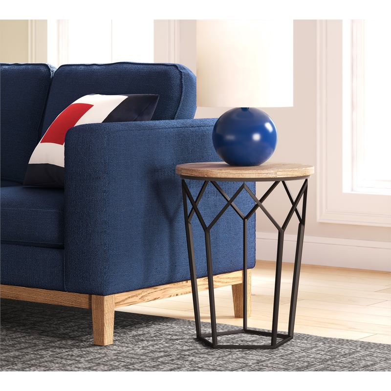 Home Square Round Solid Wood and Metal Side Table in Black - Set of 2