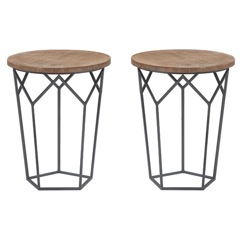 Home Square Round Solid Wood and Metal Side Table in Black - Set of 2