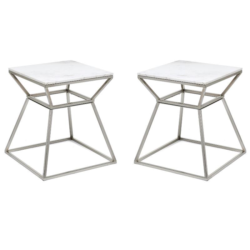 Home Square Tall Marble Side Table in Silver Finish - Set of 2