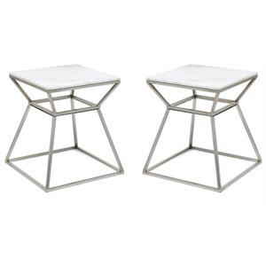 Home Square Tall Marble Side Table in Silver Finish - Set of 2