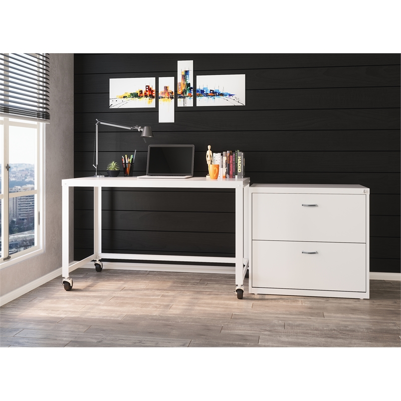 Home Square 2-Piece Set with Mobile Desk and Lateral File Cabinet in White