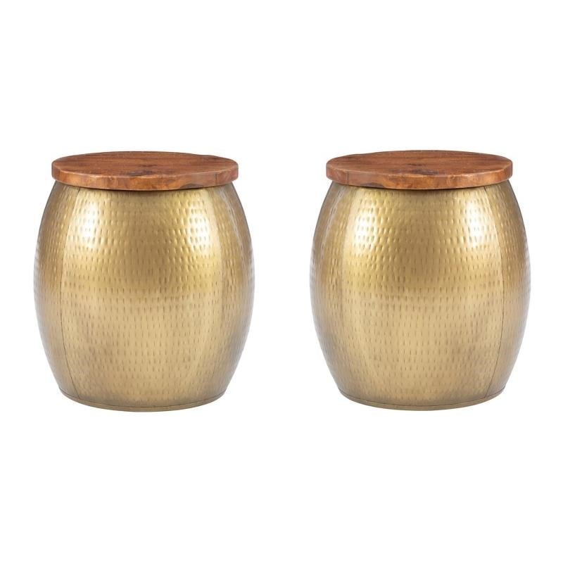 Home Square Metal and Wood Drum Side Table with Storage in Gold - Set of 2