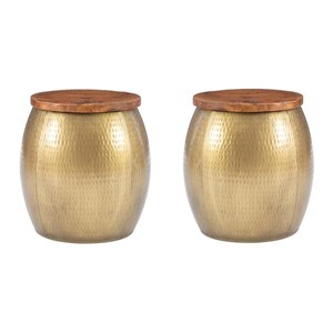 Home Square Metal and Wood Drum Side Table with Storage in Gold - Set of 2