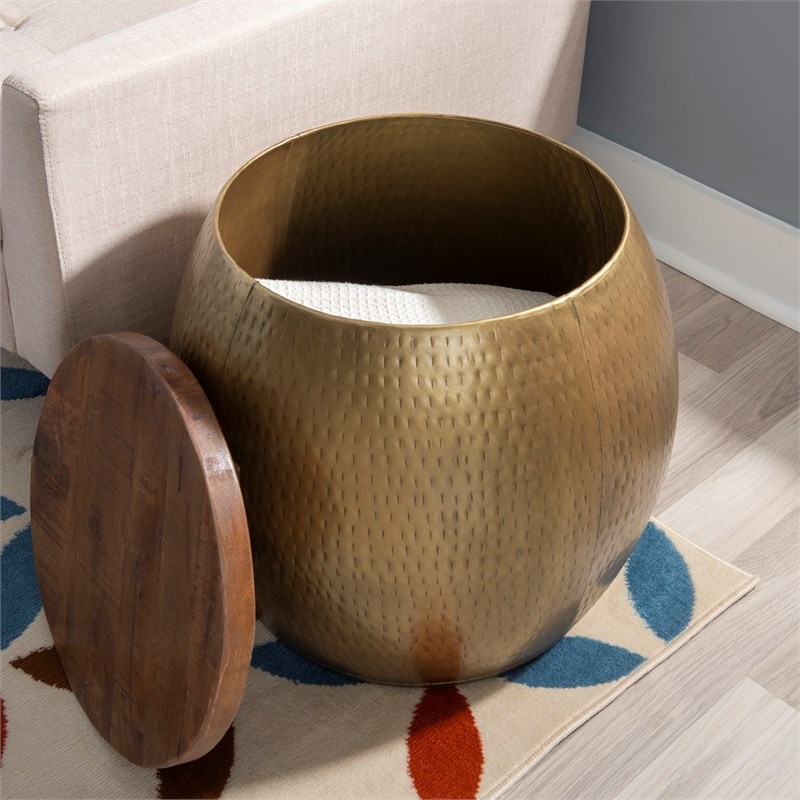Home Square Metal and Wood Drum Side Table with Storage in Gold - Set of 2