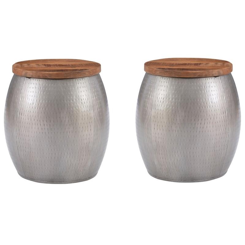 Home Square Metal and Wood Drum Side Table with Storage in Silver - Set of 2