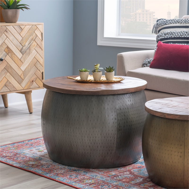 Home Square 2-Piece Set with Drum Table and Drum Side Table in in Silver