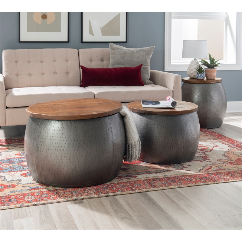 Home Square 2-Piece Set with Drum Table and Drum Side Table in in Silver