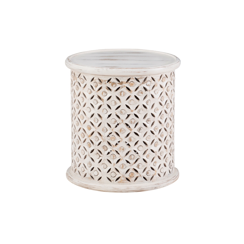 Home Square Wood Hand Carved Accent Table in White - Set of 2